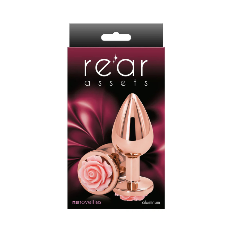 Rose gold metal plug with pink rose-shaped base, medium size, in retail packaging