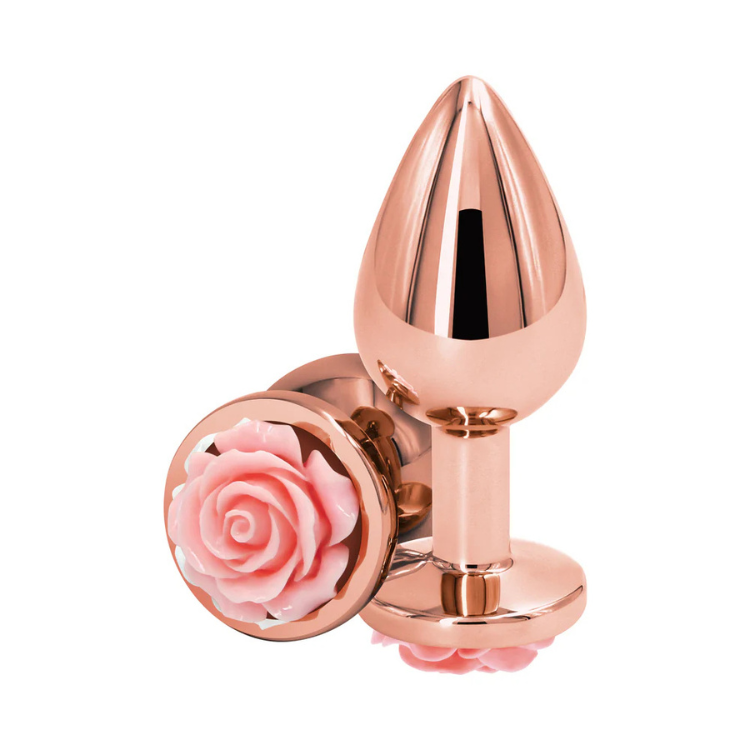 Rose gold metal plug with decorative pink rose base, medium size, on white background