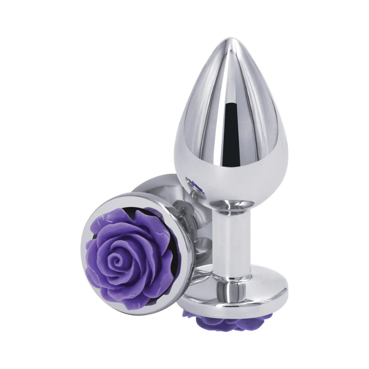 Medium silver metal plug with purple rose-shaped base, adult wellness accessory