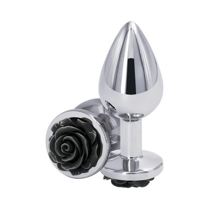 Medium metal rose design plug with polished finish, decorative black flower base