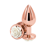 Rose gold metal plug with white rose flower detail on the base, medium size, on white background.