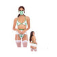 Woman in Rene Rofe Sweet Mary Jane white and green marijuana leaf lingerie set with matching mask and garter, front and back view