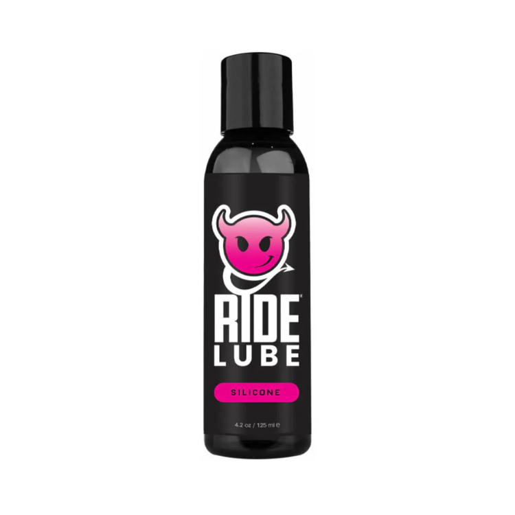 Ride Lube silicone lubricant 4.2 oz bottle with black cap and pink devil logo