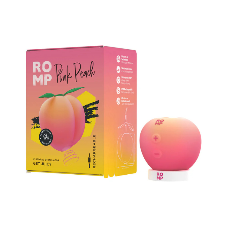ROMP Pink Peach clitoral stimulator with peach-themed packaging, rechargeable adult toy.
