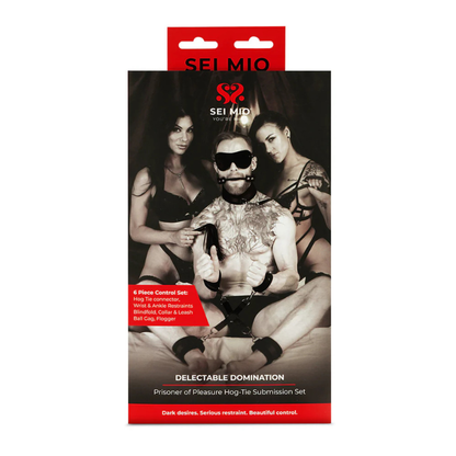Delectable Domination bondage set packaging featuring three adults in lingerie and restraints.
