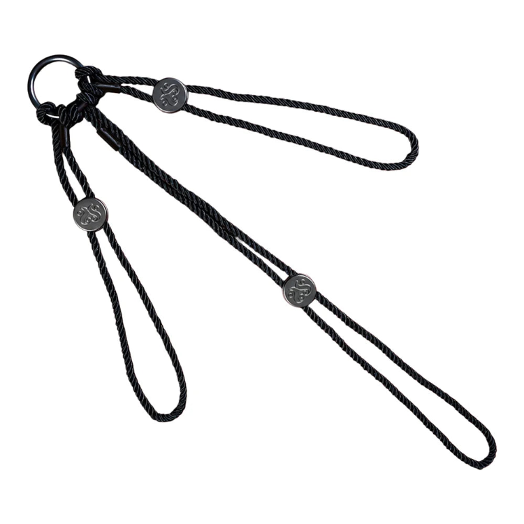 Black rope bondage restraint set with metal rings and fasteners
