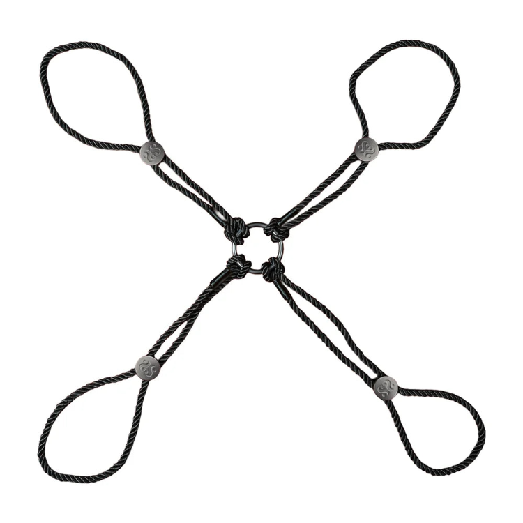 Black rope bondage restraint set with four loops and a central metal ring
