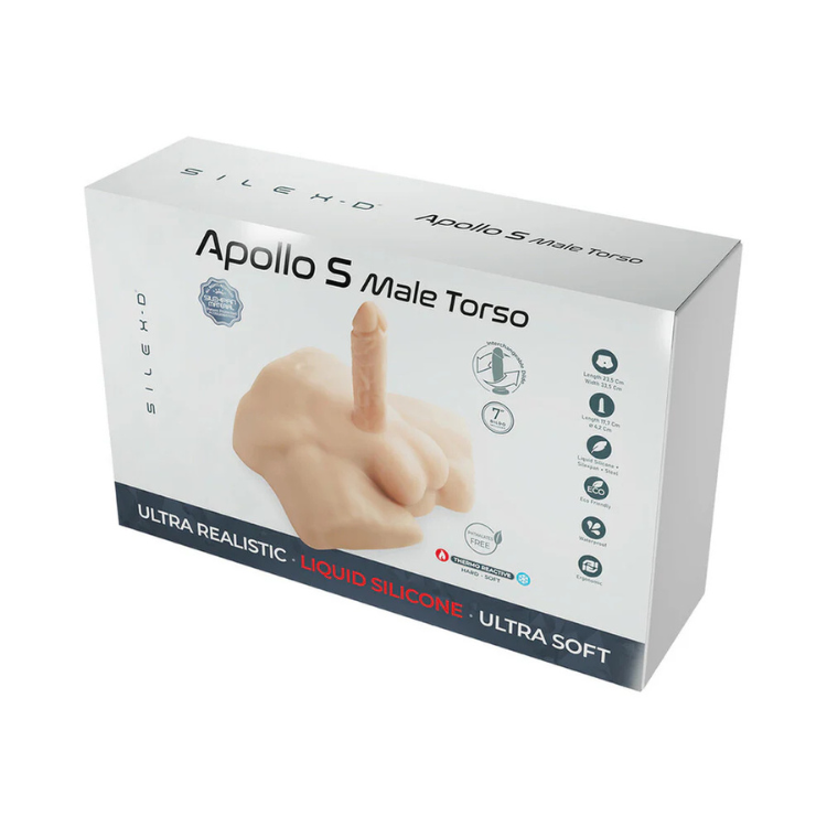 Apollo S male torso realistic silicone torso adult toy packaging, vanilla color, 7-inch model.