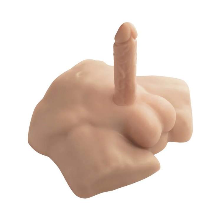 Realistic silicone male torso with detailed dildo and textured skin on white background