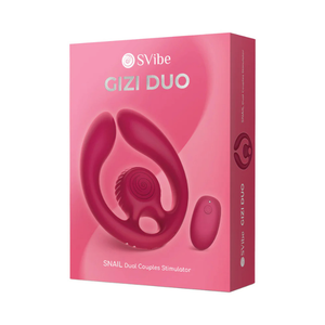 Burgundy SVibe GIZI DUO couples stimulator with remote in pink packaging