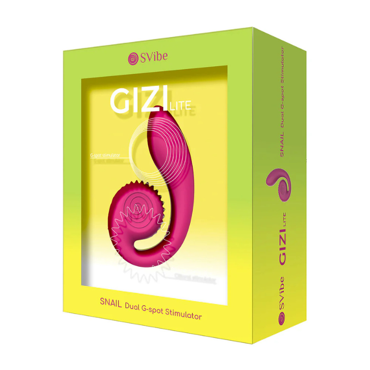 SVibe Gizi Lite pink dual G-spot stimulator in yellow retail box, snail design visible