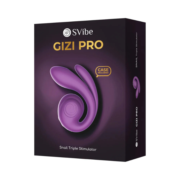 SVibe Gizi Pro Snail Triple Stimulator boxed, purple ergonomic adult wellness toy, case included