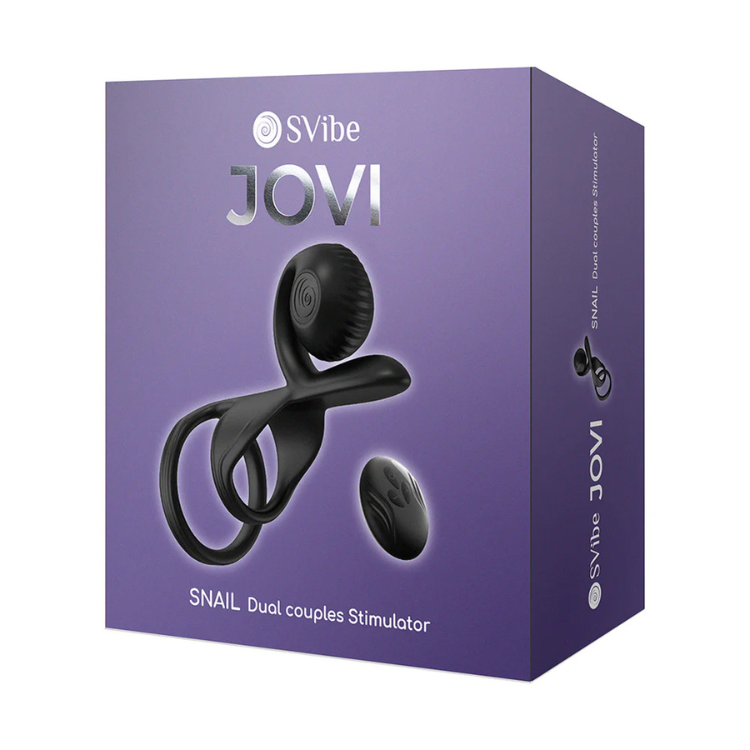 Black snail-style dual couples stimulator on purple SVibe Jovi product packaging