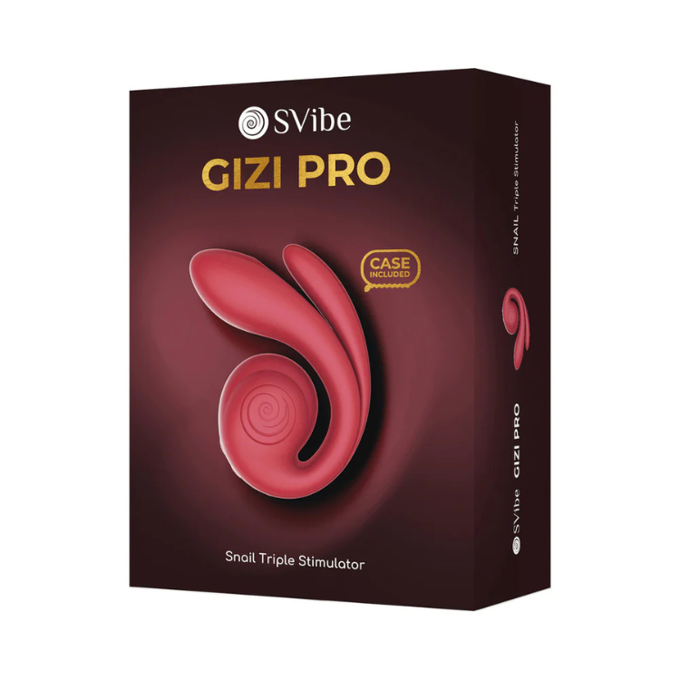 SVibe Gizi Pro Snail Triple Stimulator product box with pink stimulator image and case included label
