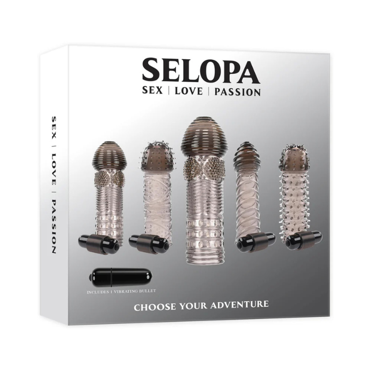 Textured silicone sleeve kit with vibrating bullet in retail box, adult wellness accessory