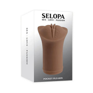 Selopa Pocket Pleaser brown male masturbator on white retail box with product name