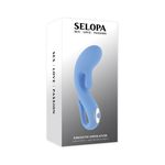 Blue silicone curved G-spot vibrator with handle shown in product packaging.