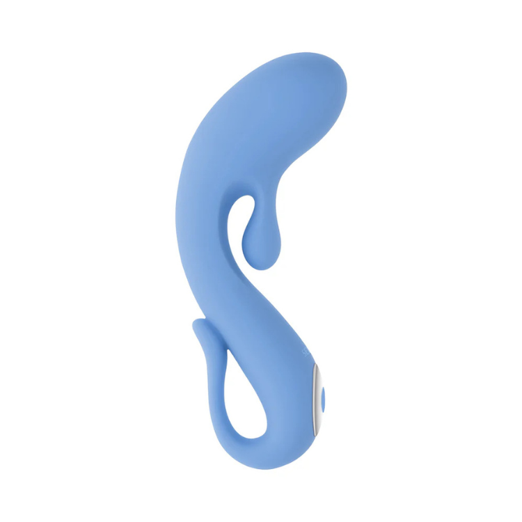 Blue silicone curved G-spot stimulator with ergonomic handle and smooth finish
