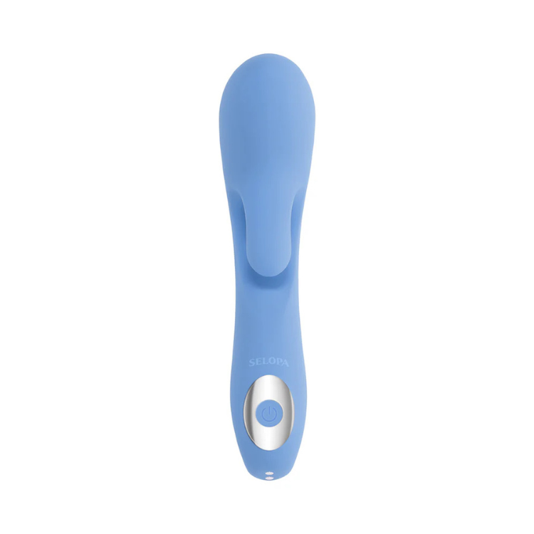 Blue curved silicone vibrator with smooth design and silver control button, on white background