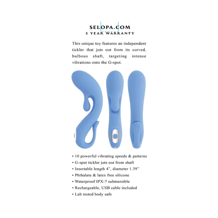 Blue curved silicone G-spot vibrator with tickler, waterproof and USB rechargeable.