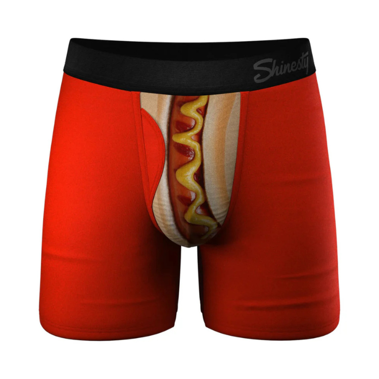 Red men's boxer briefs with hot dog and mustard print on front pouch panel