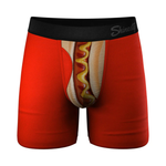 Red men's boxer briefs with hot dog and mustard print on front pouch panel