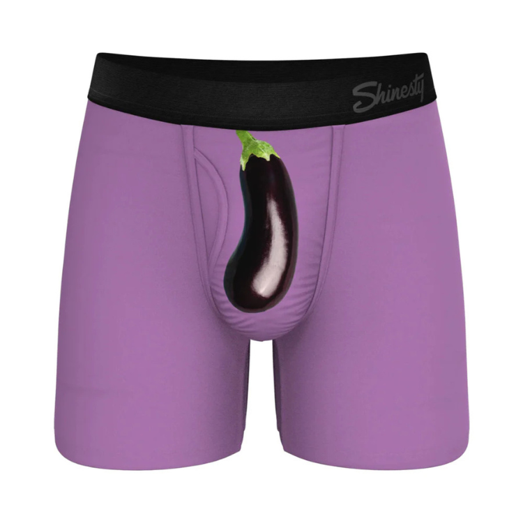 Purple men's boxer briefs with eggplant graphic and front pouch, novelty underwear