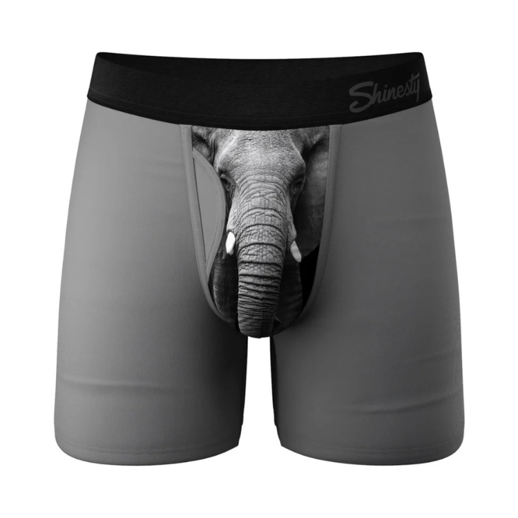 Gray men's boxer briefs with elephant trunk and face graphic on front pouch.