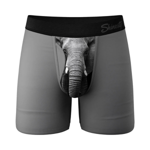 Gray men's boxer briefs with elephant trunk and face graphic on front pouch.