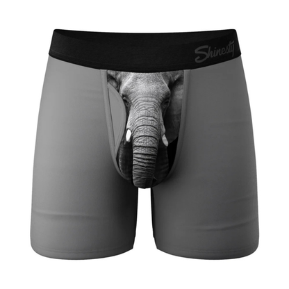 Gray men's boxer briefs with elephant trunk and face graphic on front pouch.