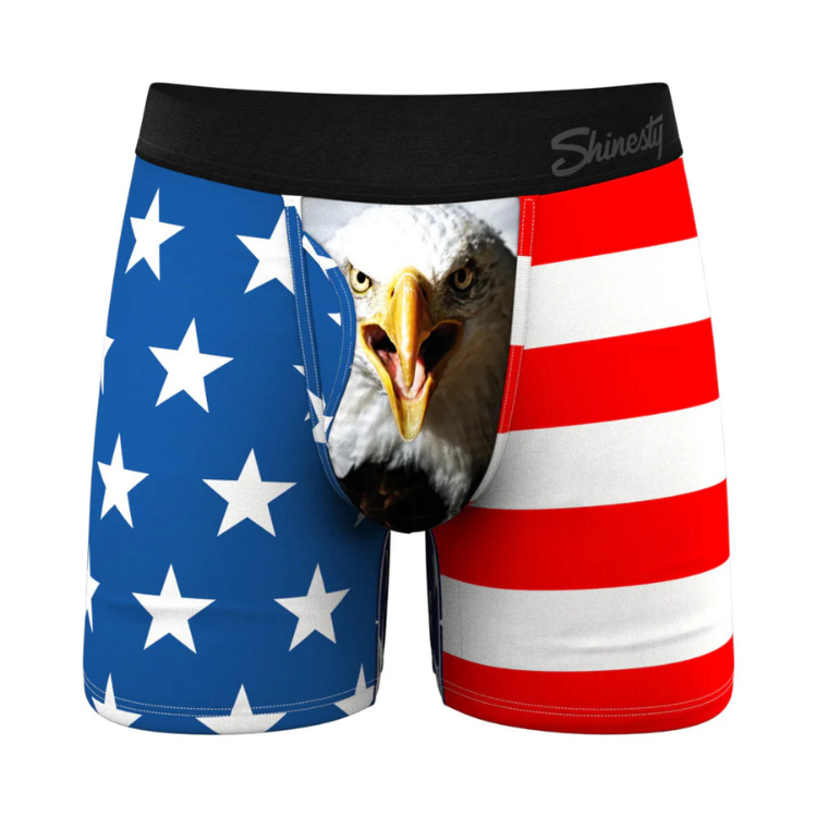 Men's boxer briefs with American flag design and bald eagle graphic pouch