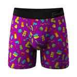 Purple men's boxer briefs with colorful gummy bear and candy print, black waistband, front pouch