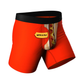Red men's boxer briefs with hot dog graphic and fly pouch design, novelty underwear