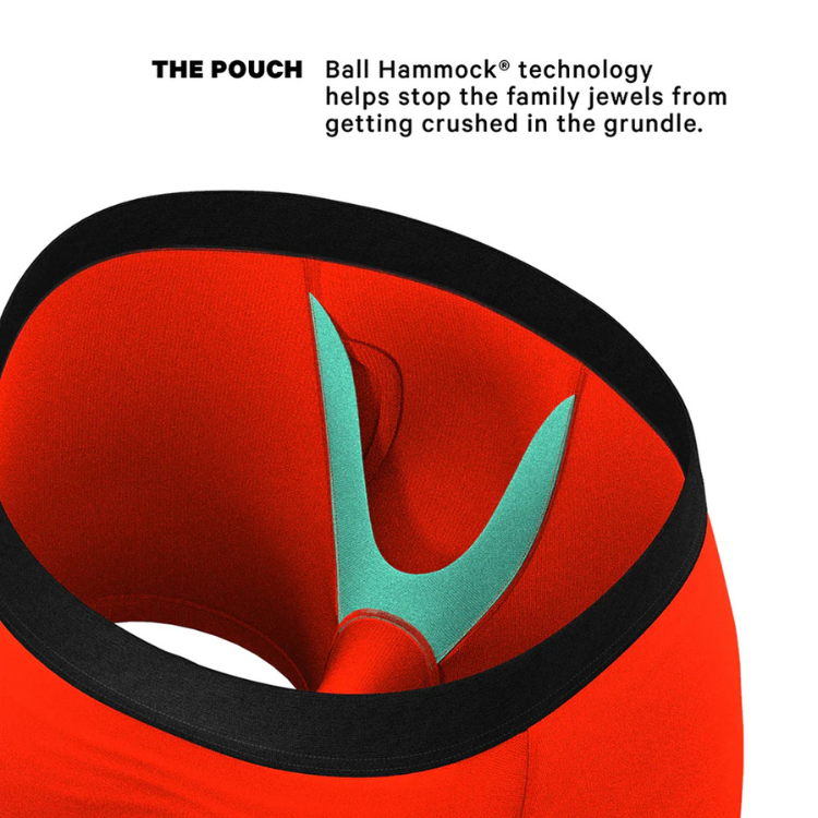 Close-up of red men’s underwear with Ball Hammock pouch and black waistband.