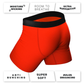 Red men's boxer briefs with black waistband, supportive pouch, moisture wicking, bulge enhancing.