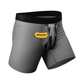 Gray men's boxer briefs with elephant trunk pouch and front fly opening.