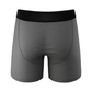Gray men's boxer briefs with black waistband, rear view, seamless design underwear