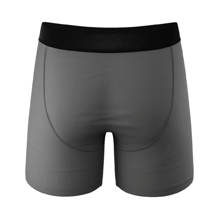 Gray men's boxer briefs with black waistband, rear view, seamless design underwear