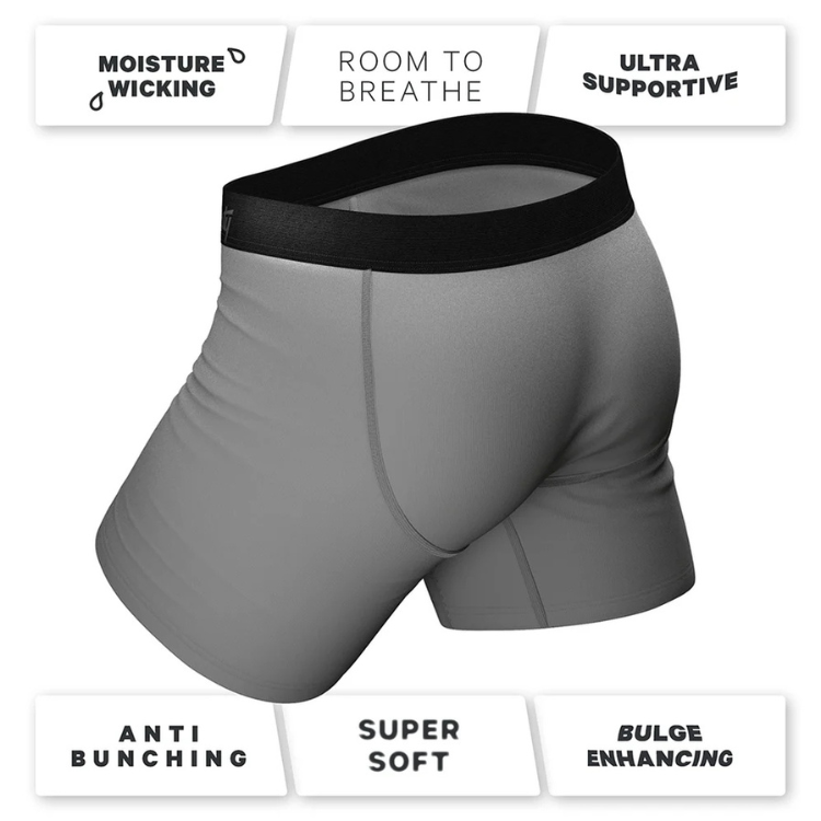 Gray men's pouch underwear with black waistband, moisture wicking, breathable, supportive, soft, anti-bunching, bulge enhancing features.