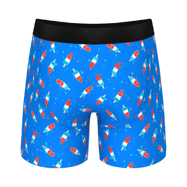 Blue men's boxer briefs with popsicle print and black waistband, back view