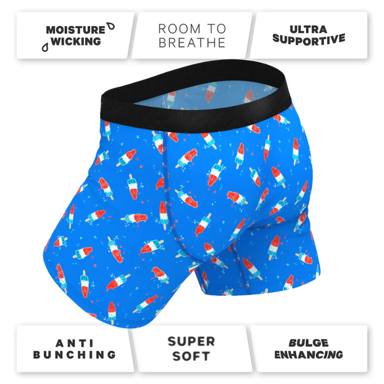 Men’s blue boxer briefs with red, white, and blue popsicle print, black waistband, pouch front