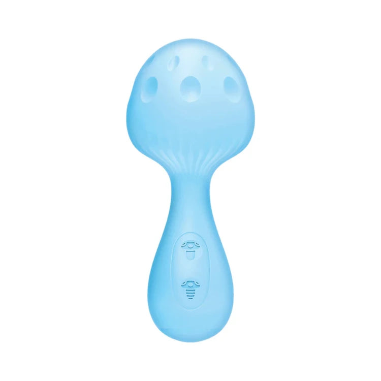 Blue silicone mushroom-shaped massager with textured head and control buttons