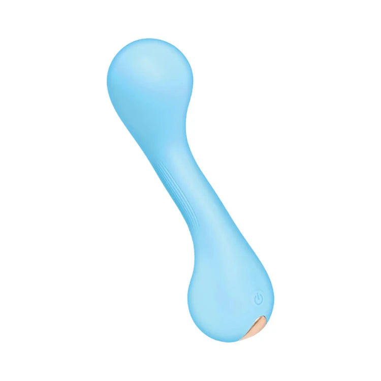 Light blue ergonomic adult toy with power button and textured grip