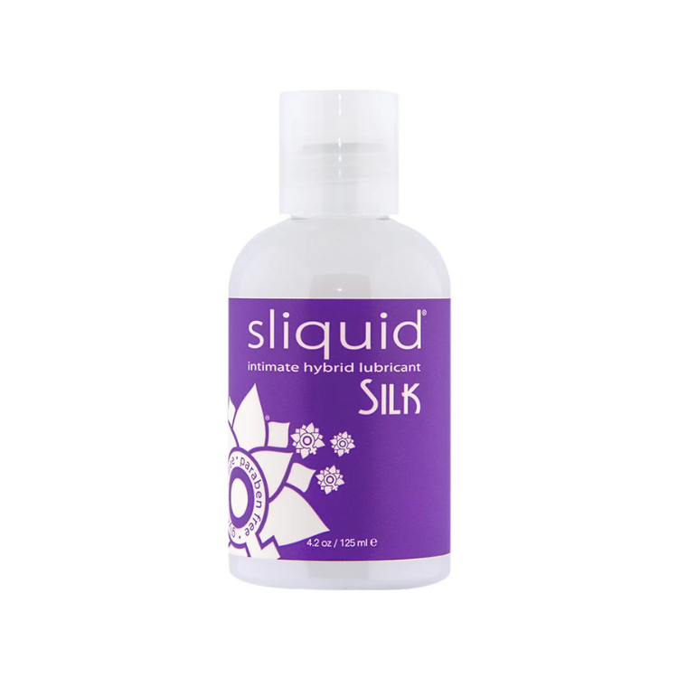 Sliquid Silk intimate hybrid lubricant 4.2oz bottle with purple label, clear cap