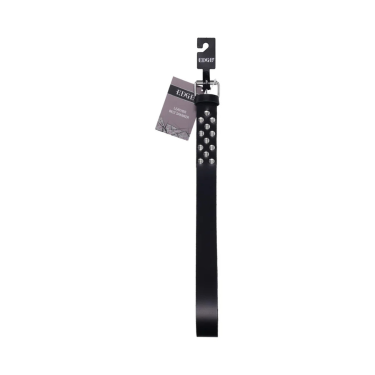 Black leather belt spanker with metal studs and buckle, adult wellness accessory