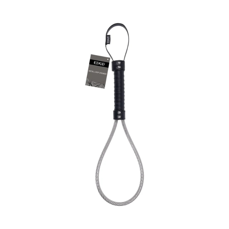 Metal loop spanker with black grip handle and wire loop, adult wellness accessory on white background