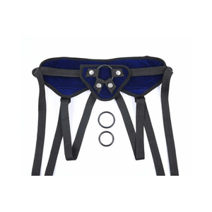 Adjustable cobalt blue strap-on harness with black straps and two O-rings on white background