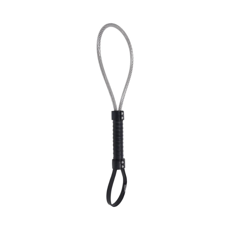 Leather handle metal loop spanker for adult play, black grip and steel cable loop.