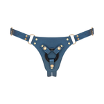 Blue adjustable leatherette harness with gold hardware from House of Vices, shown on white