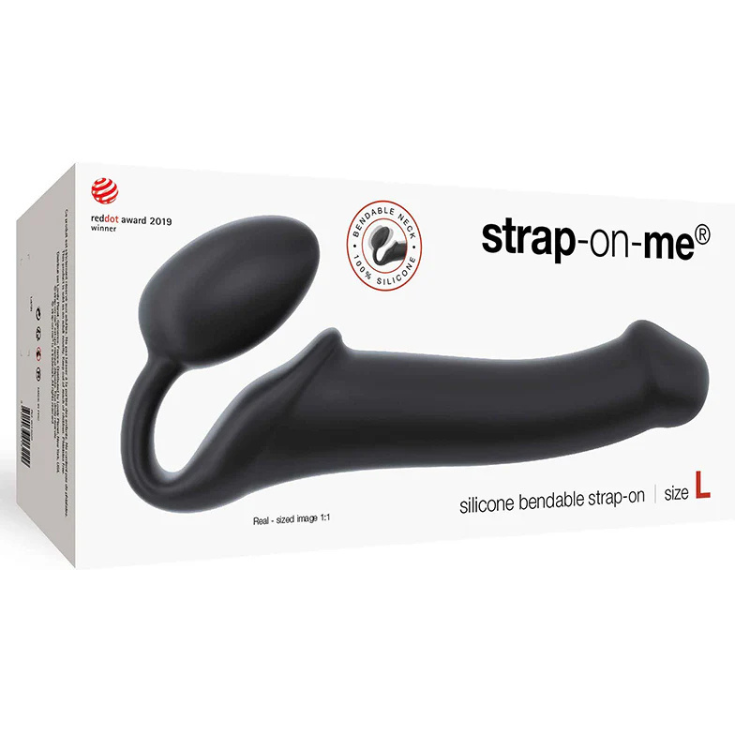 Black silicone bendable strap-on in box, ergonomic design, size large, adult wellness product